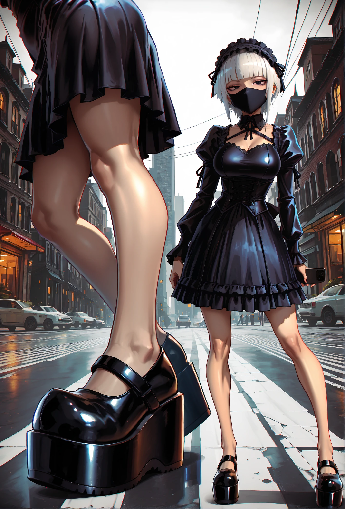 masterpiece, best quality, 
k-suwabe, andava, 
multiple views,
close-up of feet,
1girl, idol, goth,
(d0lly shoes), (platform footwear:1.1),
black dress,
large breasts, petite, 
black and white hair,
city street, 
pose, posing, contrapposto, v, holding phone, face mask, black eyes,