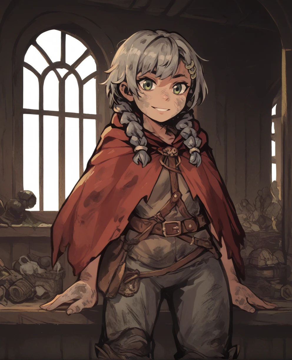 score_9,score_8_up,score_7_up,score_6_up,
Lonaxl,green eyes,grey hair,twin braids,short hair,
red cape,brown shirt,dirty clothes,hair ornament,
standing,smile,looking at viewer,belt,
inn,fantasy,indoors,
<lora:LonaXL:0.9>,