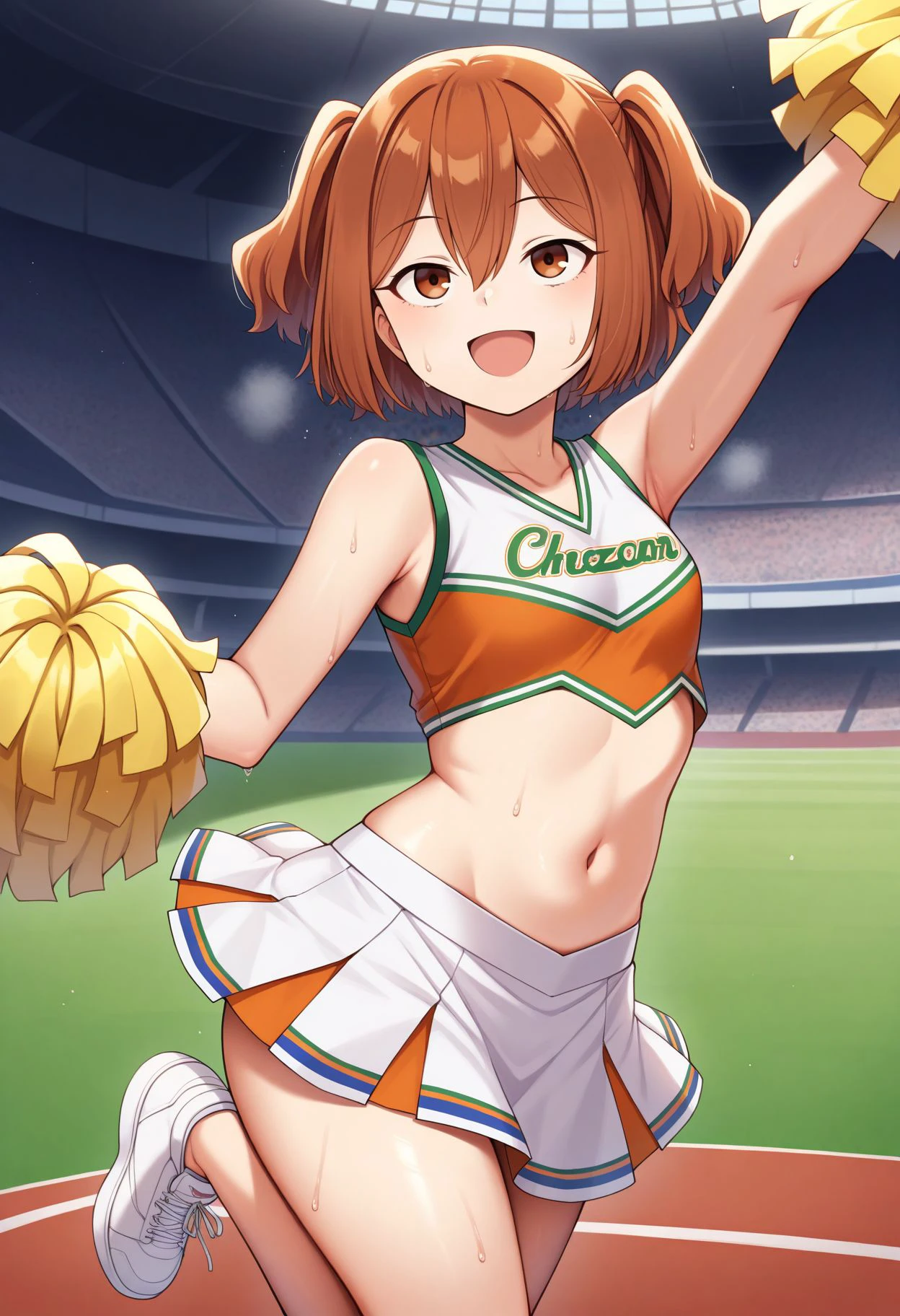 (masterpiece, best quality:1.2),kendou itsuka, itsuka kendou, green eyes, orange hair, side ponytail, nudity, breasts, nipples, nsfw, slutty, (best quality:1.4),, body focus, (cute face), (((best quality))),, ( cheerleading:1.2), (slutty expression:1.0), stadium setting,, ,tits, 1girl, (1girl, solo:1.1), tits, breasts, (NSFW:1.0), legs spread, stupid smile, spread legs, pubic hair, on the field