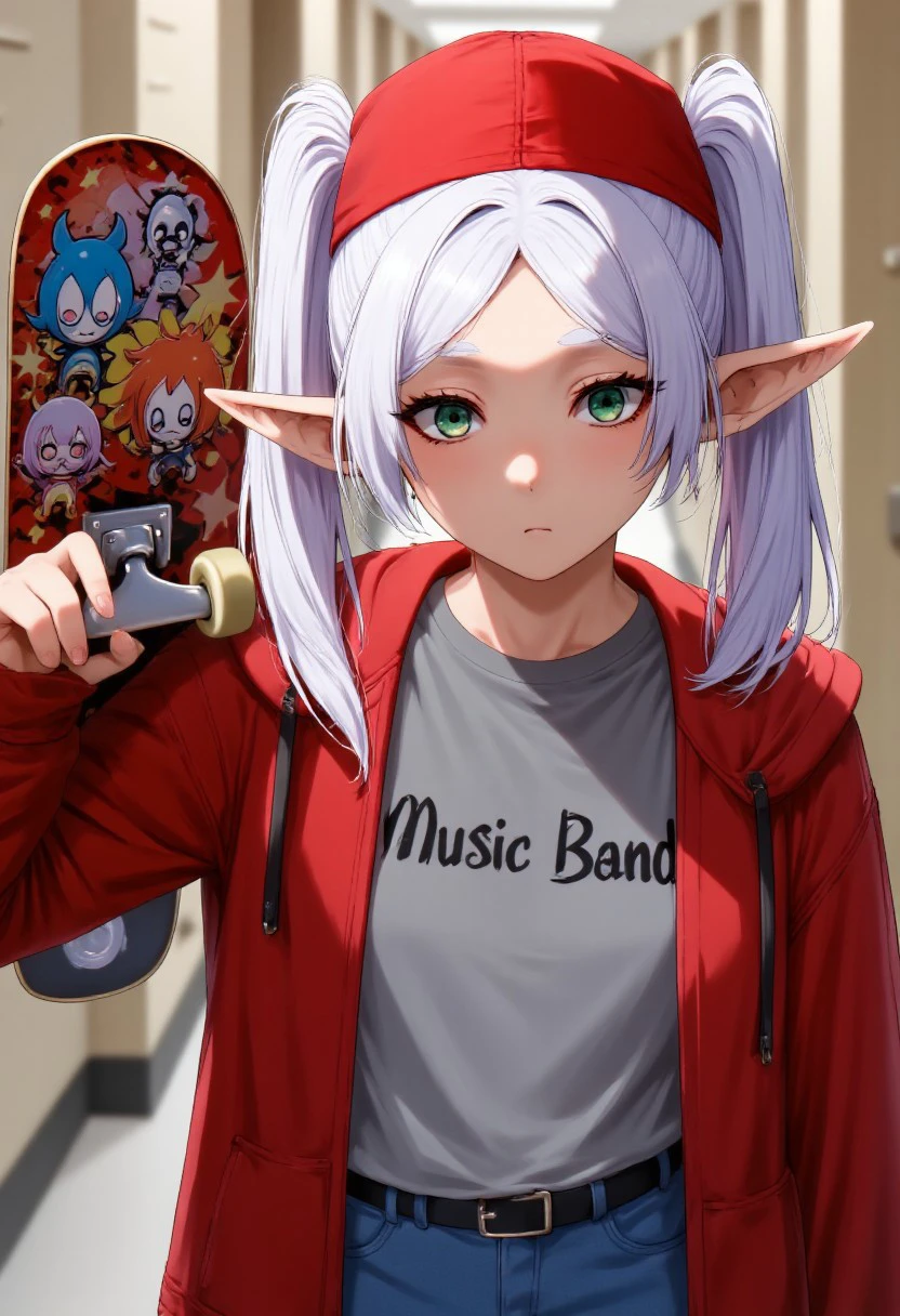 Photo of nereirfpnxl, frieren, elf, pointy ears, green eyes, white hair, twintails,dressed as a skater, wearing a backward red cap, red hoodie, and a gray T-shirt labeled "Music Band." He holds a skateboard decorated with vibrant, edgy designs featuring cartoonish characters and skull motifs. The setting is a high school hallway with lockers blurred in the background, evoking a mix of comedy and nostalgia in an awkward yet charming scene.HDYDFK