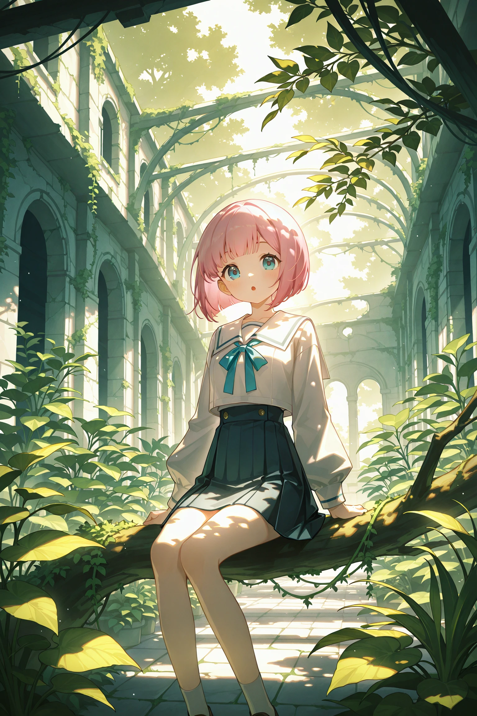 cinematic lighting, cute 1girl,pink hair,fine bob cut, :o,blue eyes, sitting on branch in a courtyard overgrown with plants, surrounded by plants and the ruins of the school,(dappled sunlight:1.2),optical flare,divine light,tindal effect,looking at viewer,