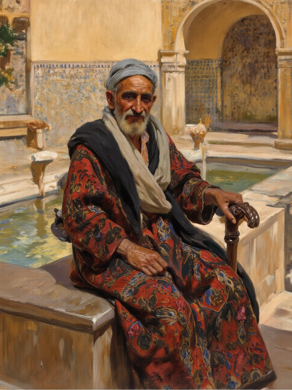 An oil painting, portraying an old man in traditional Middle Eastern attire sitting on a stone bench in a sunlit courtyard. The background features a mosaic-tiled wall and a small fountain with clear water. His weathered hands rest on a carved wooden cane, and his face reflects wisdom and contentment. The warm earthy tones of the surroundings contrast with the vibrant patterns of his robe, painted with intricate, detailed brushstrokes.

