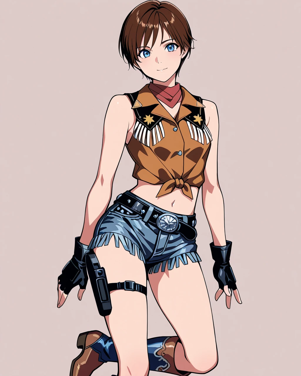 masterpiece, best quality, high quality,  <lora:10_becky_7_il:1>,reb_3cowg, 1girl, solo, blue eyes, brunette hair, short hair, red neckerchief, sleeveless frilled cowgirl top, midriff, navel, denim cutoff shorts, black belt silver buckle, thigh holster, brown and blue cowgirl boots, black fingerless gloves