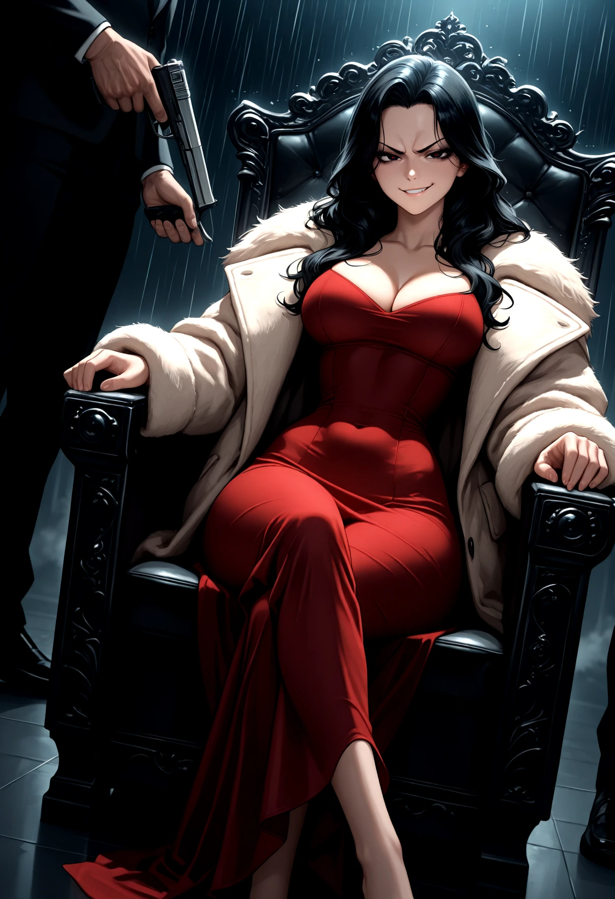 IllusP0s, 1girl, long hair, jet black hair, wavy hair, dark eyes, dutch angle, dynamic angle, smug look, crossed legs, annoyed, holding gun, sitting on throne, cleavage, red dress, mink coat, raised eye brow, 2men, body guards, black suits, dimly lit room, narrow waist, raining cash, luxurious, gritty, dark, from above
<lora:AnBanIllus_UnFlat:1.0>