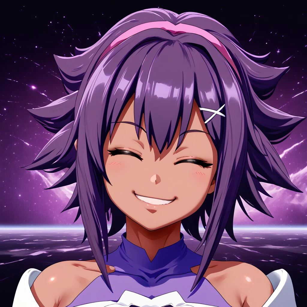 high quality, absurd resolution, 4k, score_7_or_higher, good eyes, vivid image, csr style, mammoth_metal_style
1girl, himari_digimon, tan skin, purple hair, closed eyes, head tilt, big cheesy smile, sci-fi background