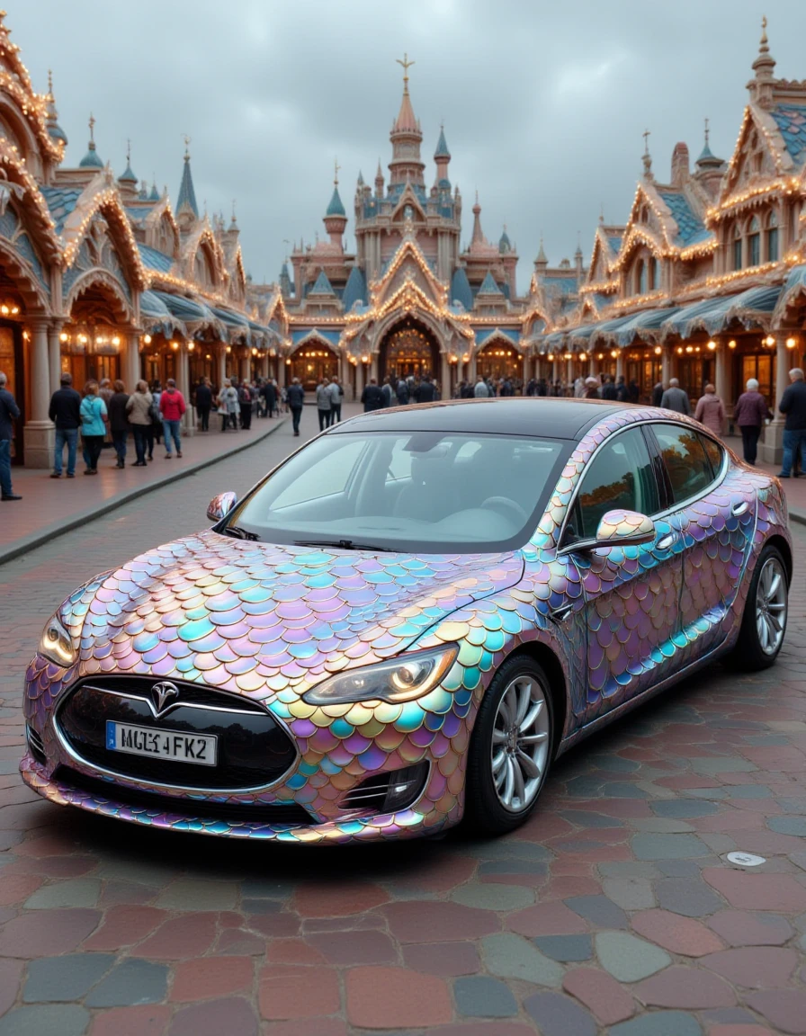 <lora:Iridescent_Scales_512_dev_f1_k:1>  a tesla car wrapped in  Iridescent Scales outside at a theme park