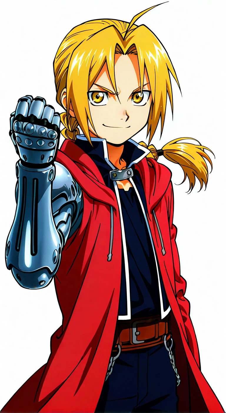 score_9, score_8_up, score_7_up, source_anime, highres, (masterpiece, best quality, (anime, anime coloring:1.3),1boy,solo,male focus,Anime screencap,edward elric,blonde hair,long hair,yellow eyes,ahoge,braiden ponytail,single mechanical arm,simple background,smile,red coat,smile