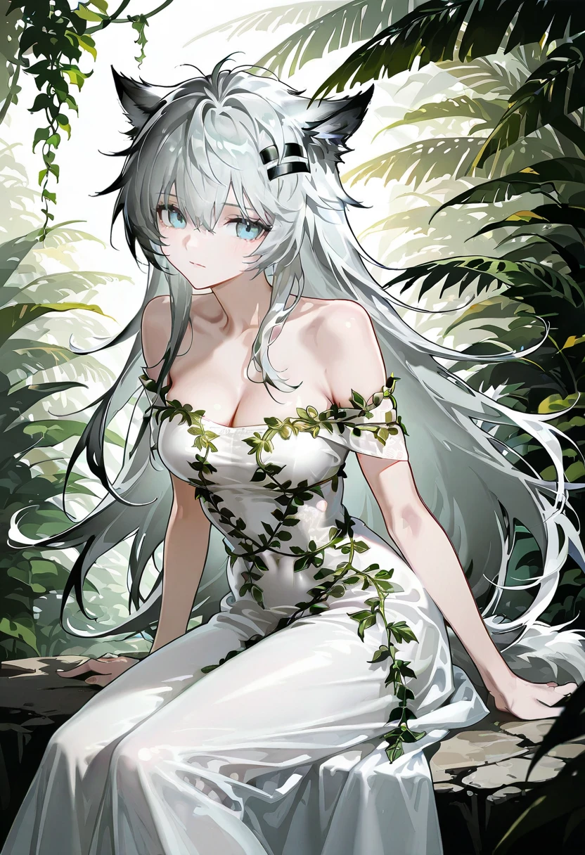 1girl,solo,looking at viewer,ikeda ruriko, vine dress, white dress, bare shoulders, off-shoulder dress, lappland_(arknights),jungle,