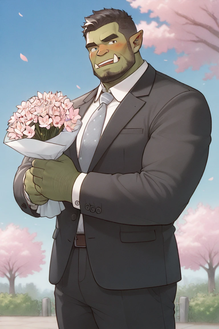 masterpiece, best quality, highres, newest, 1boy, solo, male focus, mature male, orc, green skin, tusks, short hair, black hair, facial hair, beard, muscular, looking at viewer, cowboy shot, formal, black suit, suit, white shirt, collared shirt, grey necktie, long sleeves, smile, blush, holding flower, holding bouquet, standing, outdoors, sky, blue sky, tree, cherry blossoms <lora:OIS - s1 [LoRA] - NoobAI-XL EPS 1.0:1>