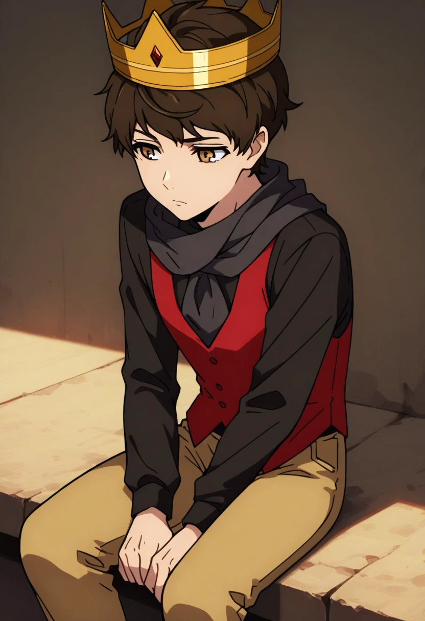 masterpiece, best quality, 
baamtg, 1boy, male focus, solo, brown eyes, brown hair, short hair, bangs, shirt, black shirt, long sleeves, scarf, black scarf, vest, red vest, pants, brown pants, sitting, crown, embarassed,
indoor