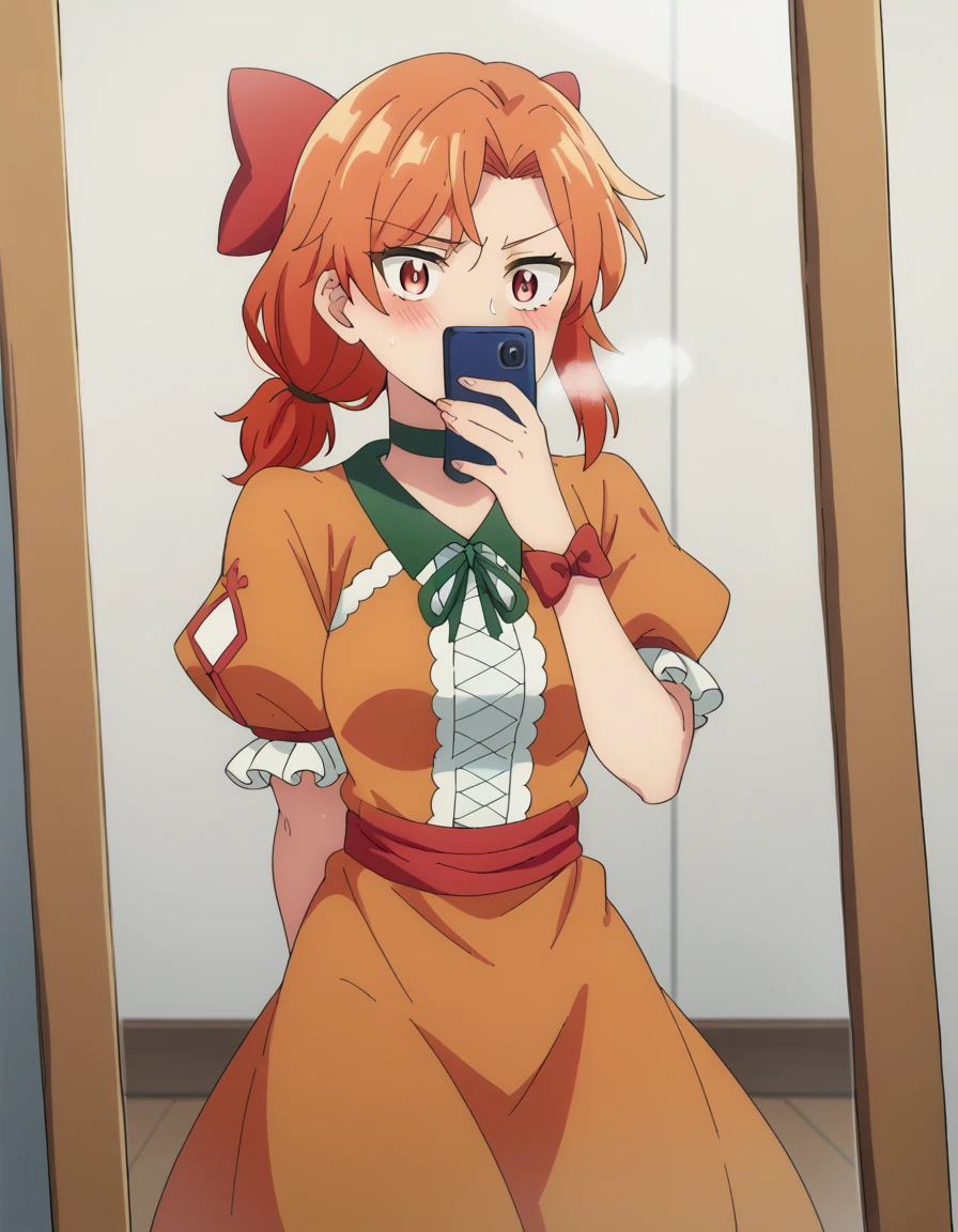 score_9, score_8_up, score_7_up, source_anime, <lora:akane-makino-s1-ponyxl-lora-nochekaiser:1>, akane makino, orange hair, medium hair, ponytail, orange eyes, mature female, medium breasts, anime screencap,, dress, flower, bow, hair bow, rose, red rose, choker, short sleeves, red flower, red bow, puffy sleeves, ribbon, puffy short sleeves, green choker, orange dress,, snow day, winter clothes, snowball fight, laughter, cold breath, white landscape, , <lora:mirror-selfie-ponyxl-lora-nochekaiser:1> selfie, arm behind back, cellphone, covering own mouth, embarrassed, hand up, holding, holding phone, mirror, phone, reflection, smartphone, blush, cowboy shot, looking at viewer, solo,, dutch angle, cowboy shot