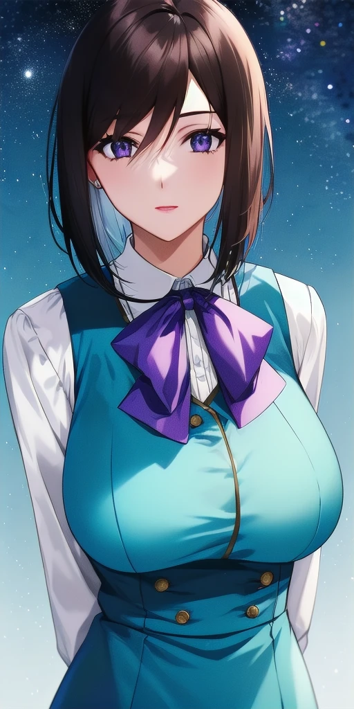 <lora:LinnaYamazakiV2:0.7> linna_yamazaki, huge_breasts, standing, solo, starry_sky, arms_behind_back, white_collared_shirt_purple_ascot_aqua_pencil_skirt_aqua_vest, masterpiece, best_quality, detailed_face, detailed_eyes, highres, beautiful, detailed, absurdres,