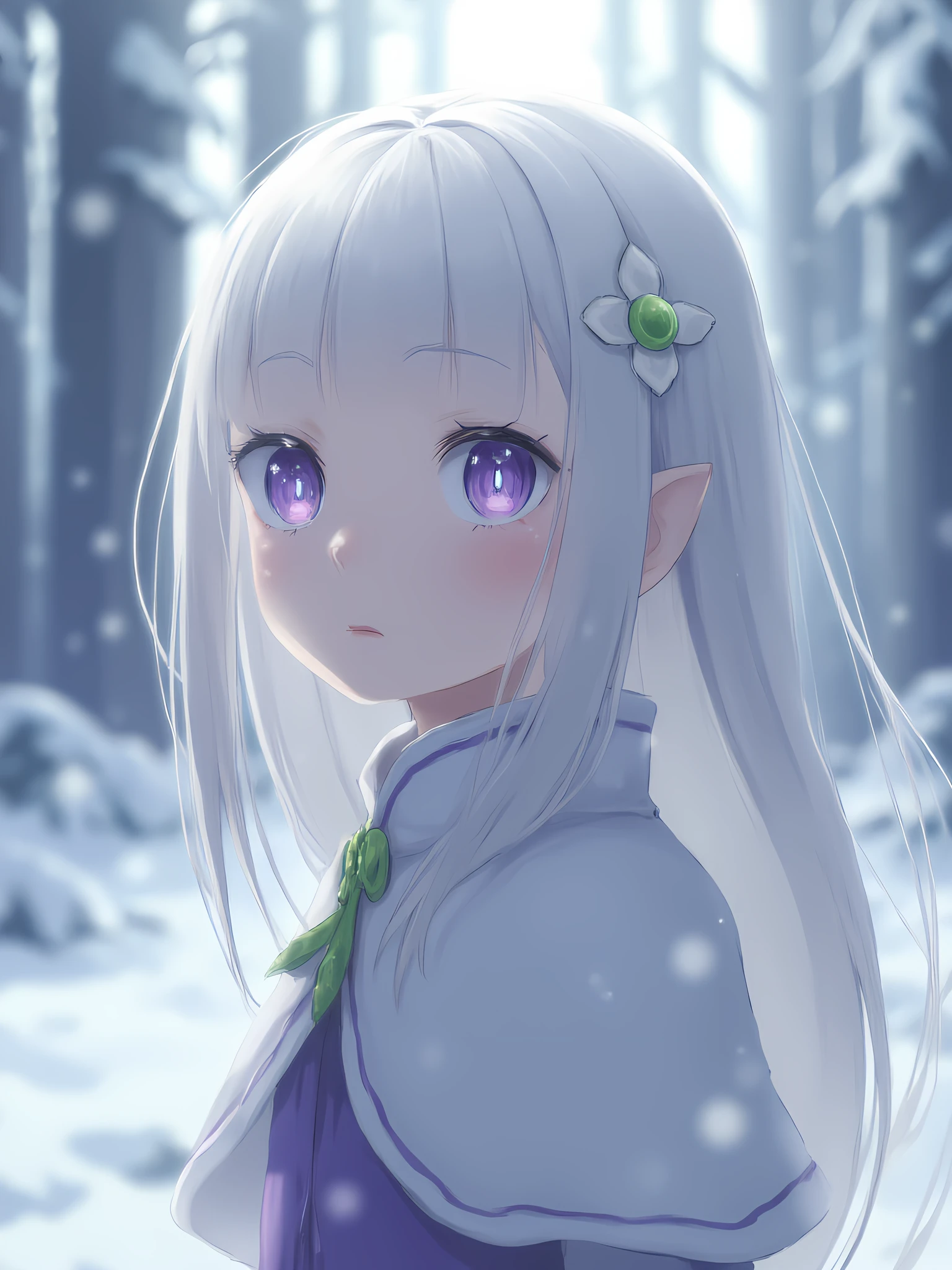 kodomoEmiliaFlux, <lora:kodomoEmiliaFlux:1>, young Emilia from Re:Zero, rendered in hyperrealistic detail, with silver hair flowing in a gentle breeze, standing in a snowy landscape, photorealistic portrait, soft bokeh.