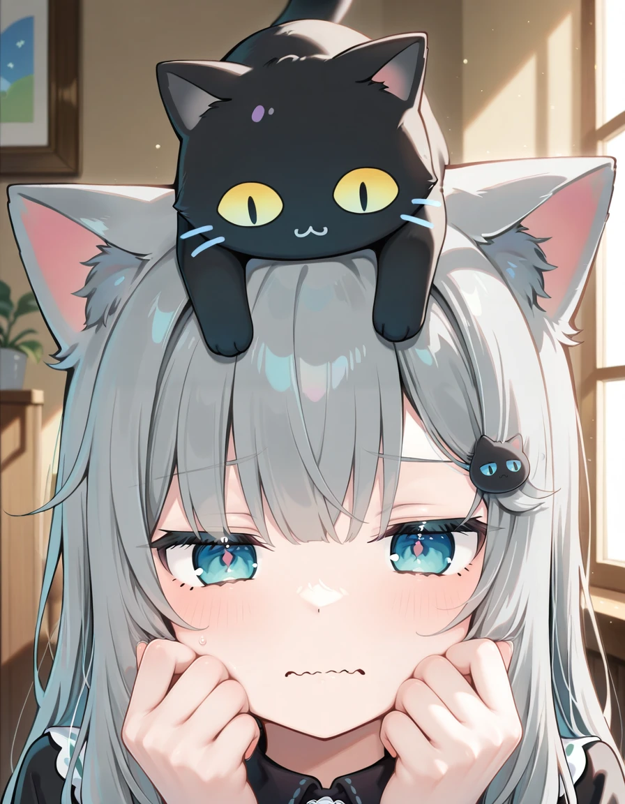 Nachoneko,close-up,wavy_mouth,hands_up,cat on head,
masterpiece,best quality,amazing quality,very aesthetic,absurdres,newest,volumetric lighting,