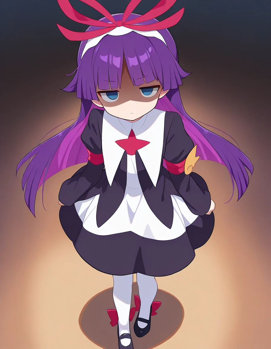 <lora:PFeli_SDXL_Illustrious01_fp16_ver01:1>,PFeli, 1girl, long hair,purple hair, pantyhose, dress,red ribbon, blue eyes, black footwear,long sleeves, red bow,hairband, jitome,shaded face,newest, masterpiece, best quality, very aesthetic, absurdres,<lora:detailed_hands:1>,hand