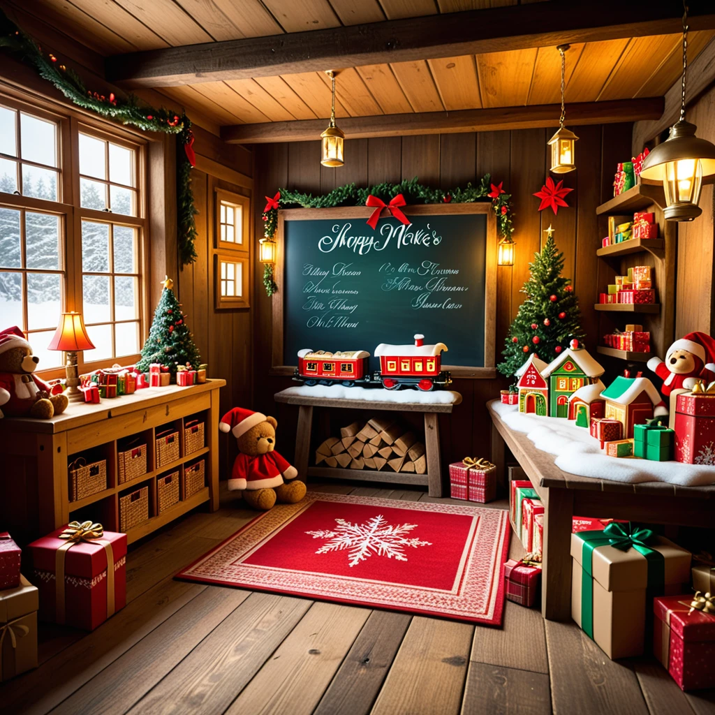 A warm, inviting photograph of Santa Claus's workshop, completely empty yet brimming with festive energy. The room is illuminated by soft golden light from lanterns hanging from wooden beams and a crackling fireplace in the corner. Wooden tables are scattered with tools, paints, and half-assembled toys, including a bright red train, a teddy bear, and colorful wooden blocks. Shelves along the walls overflow with vibrant gift boxes, plush toys, and neatly stacked wrapping paper rolls. The floor is dusted with wood shavings and glitter, adding a sense of activity left behind. Snow-covered windows reveal a faint winter landscape outside, with icicles hanging from the edges. A large chalkboard on one wall lists "Nice & Naughty" names in festive handwriting. The air feels magical, as though the elves just stepped out for a break, leaving the workshop frozen in a perfect holiday moment.<lora:SDXLFaeTastic2400:0.4> <lora:extremely_detailed:0.4> extremely detailed,, Masterpiece,best quality,hi res,8k,hi res,8k,award winning,(sharp focus, intricate, highly detailed),