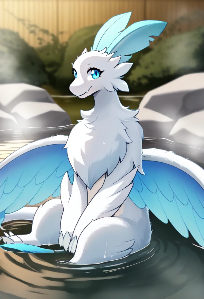 (masterpiece),(best quality),(ultra-detailed),very aesthetic,absurdres, newest,scenery, hot spring, partially submerged, animal focus
<lora:Quivern_Palworld_Illustrious:1> qu1v3rn, blue eyes, white fur, white wings, light blue inner wings, white claws, light blue headfeathers, light blue tailfeather, white tail, long tail, claws, fangs, wings
(looking at viewer:1.4), smile, sitting, happy, partially submerged, sideview