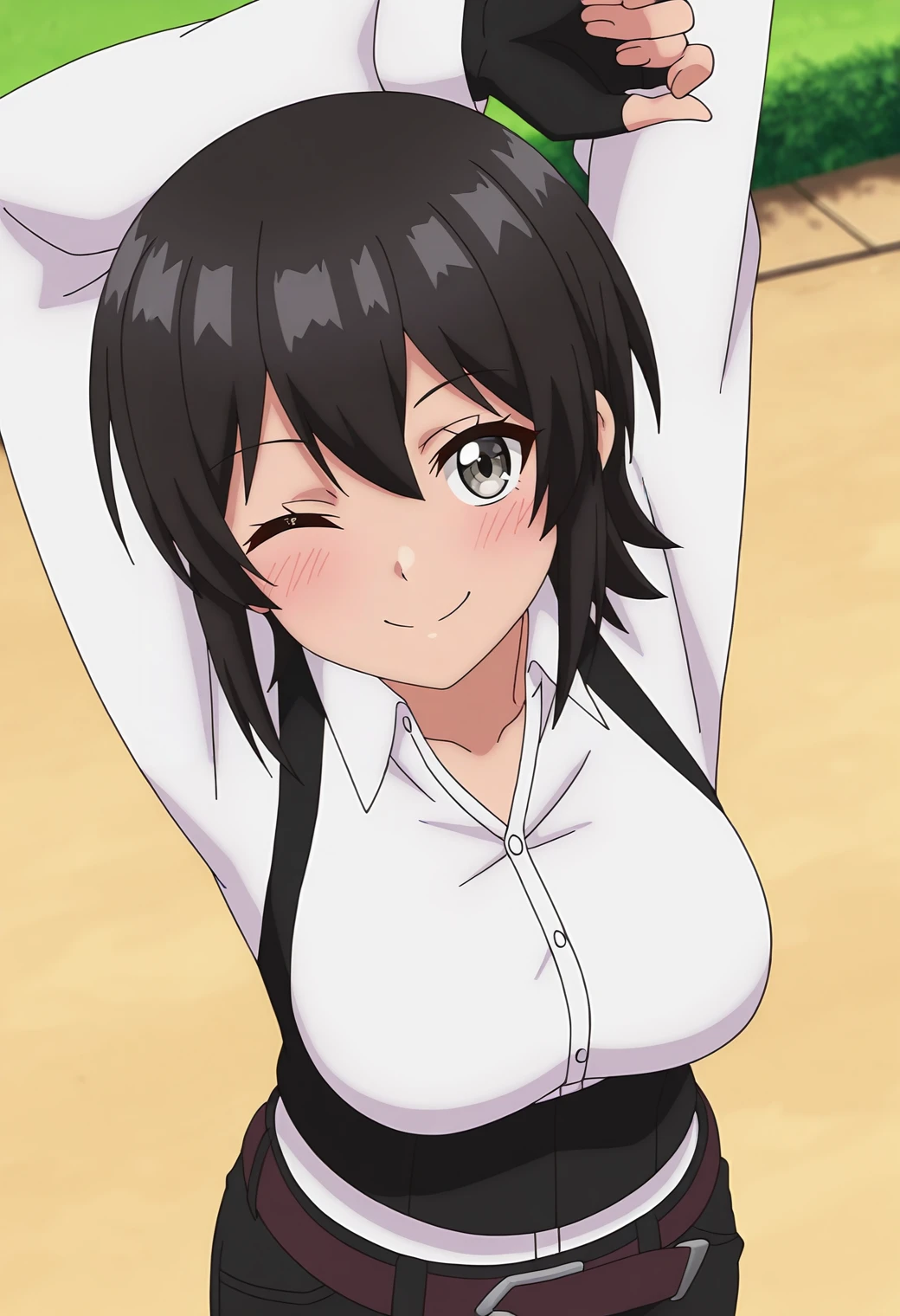 highres, best quality, masterpiece, outdoors,
solo, 1girl, elnakakushi, medium breasts, grey eyes, anime screencap,
collared shirt, black vest, dress shirt, black gloves, fingerless gloves, belt, black pants,
looking at viewer, smile, one eye closed, blush,
from above, arms up, standing, stretching, 
<lora:_elna_stongs-elesico-ilxl:1>