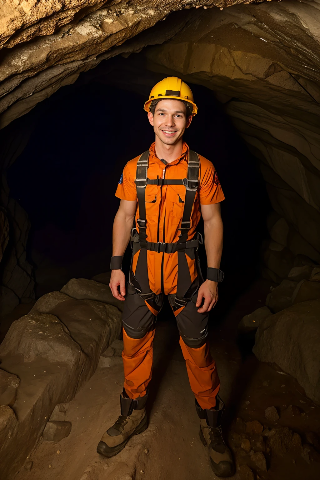 standing in an underground cave,, smiling, MichaelRoss is spelunking, wearing caver suit, spelunking harness, climbing safety helmet with headlamp, spelunking cables,  (((full body portrait))), wide angle  <lora:MichaelRoss:0.8>