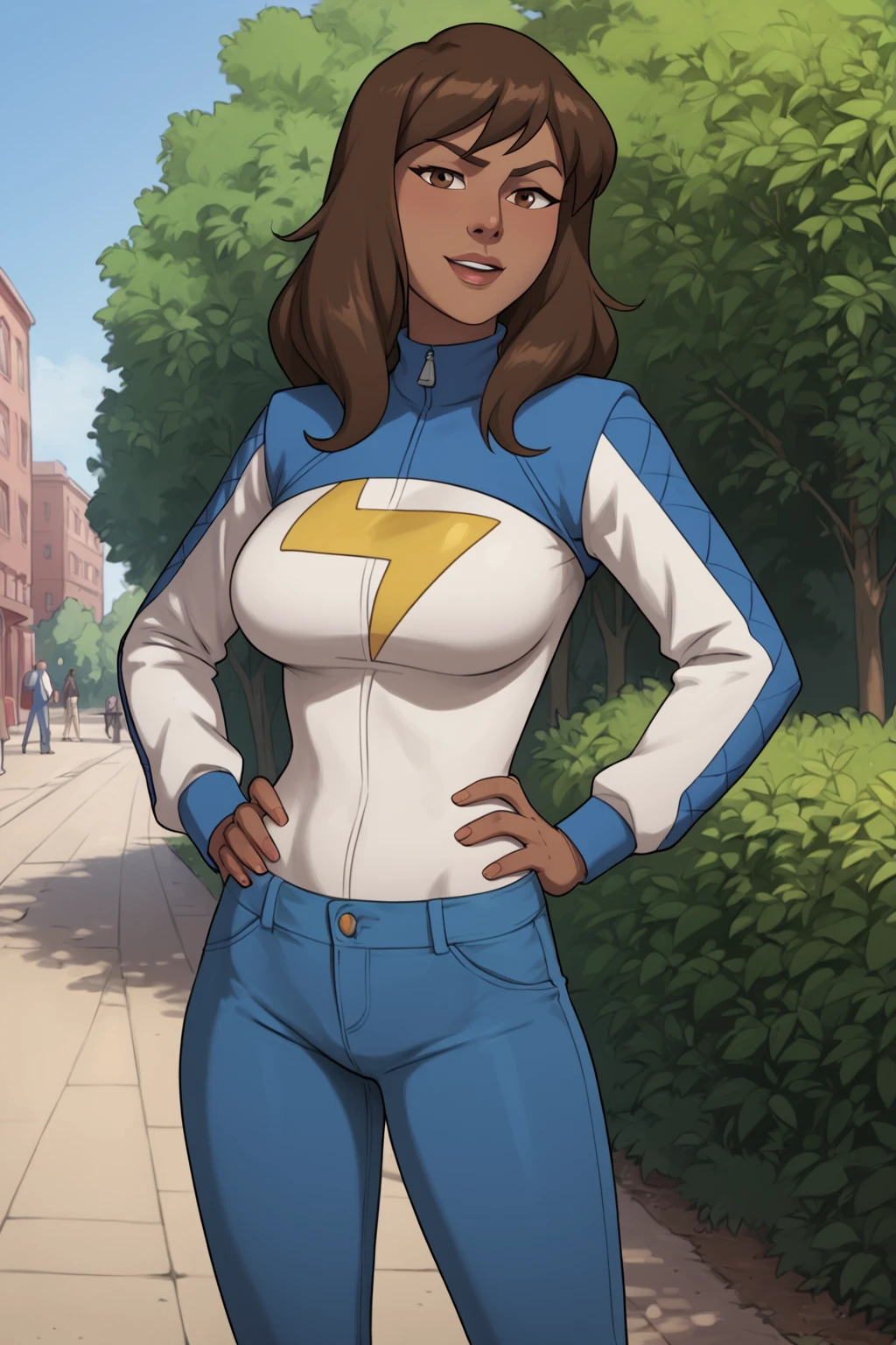 PonyXLV6_Scores BREAK (((parody, animification)), perfect anatomy, perfect eyes, (cowboy shot)), <lora:add_details_xl:0.8> BREAK <lora:Ms._Marvel_-_Marvel_Animation:0.8> kamala khan, brown hair, long hair, dark-skinned female, brown eyes, flirting, raised eyebrow, ((looking at viewer)), long sleeves, two-tone jacket, blue pants, large breasts, curvy, toned, athletic, seductive pose, hands on hip, outdoors