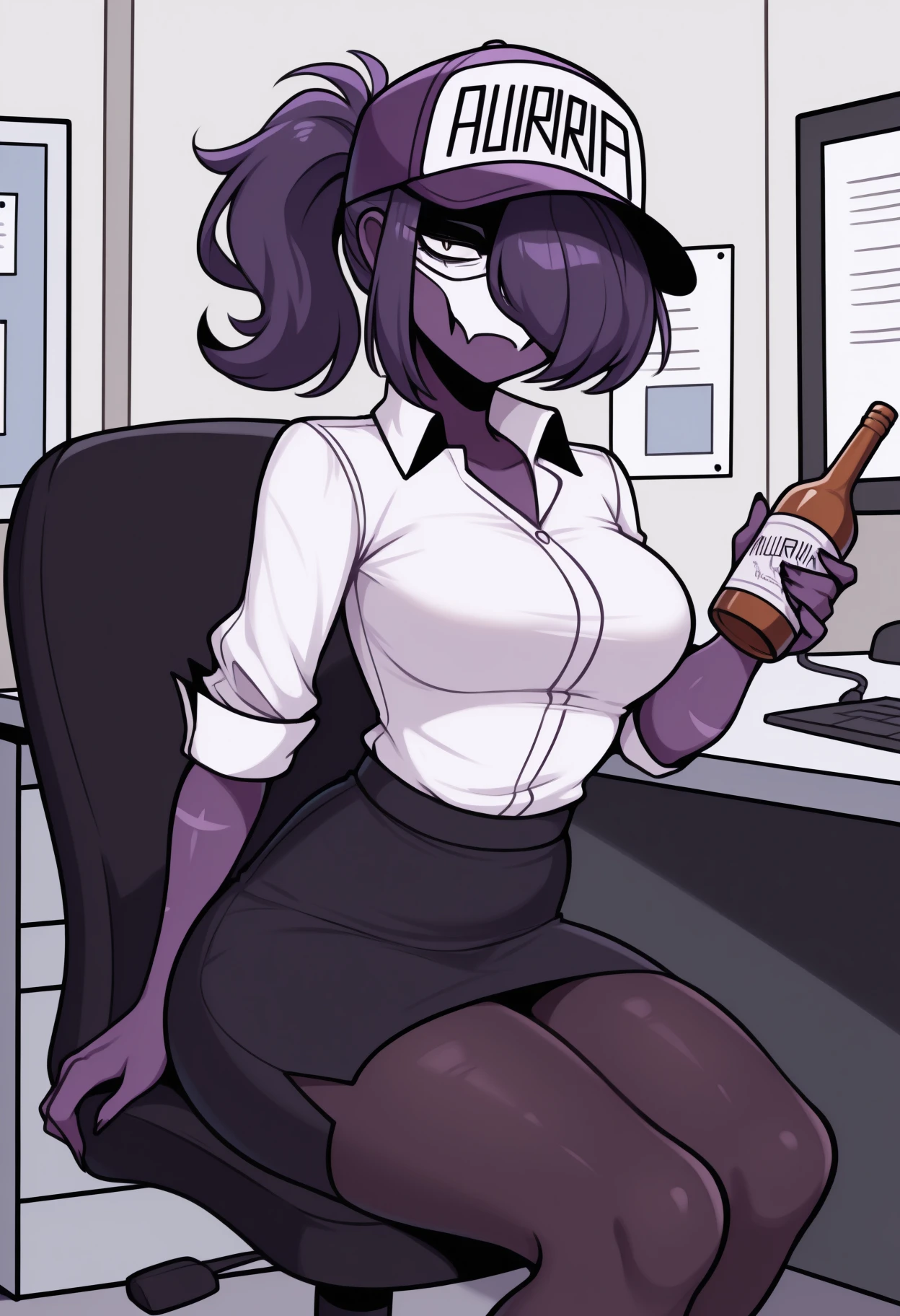 masterpiece, best quality, solo, 1girl, bbyg, purple skin, looking at viewer, sitting, swivel chair, holding bottle, alcohol, long hair, hair over one eye, ponytail, purple headwear, baseball cap, clothes writing, mask, white shirt, collared shirt, sleeves rolled up, black skirt, pencil skirt, black pantyhose, medium breasts, indoors, office, cubicle
<segment:yolo-Anzhc Face seg 640 v2 y8n.pt,0.4,0.5//cid=1>