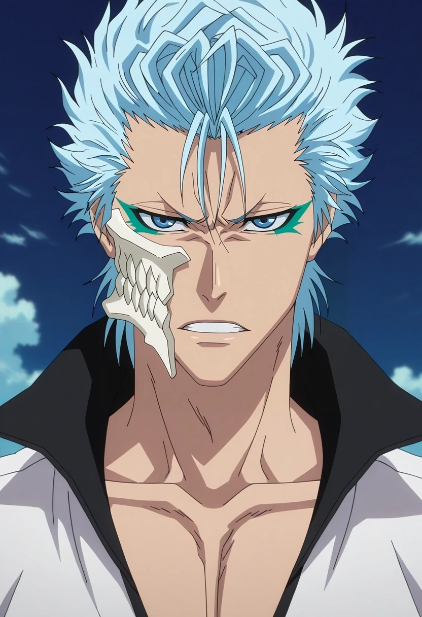 masterpiece, best quality, intricate details, anime screencap, anime coloring, , , , 1boy, solo, male focus, <lora:grimmjow_jaegerjaquez_ilxl:0.9>, grimmjow_jaegerjaquez, blue hair, blue eyes, facial mark, arrancar, mask, short hair, ,