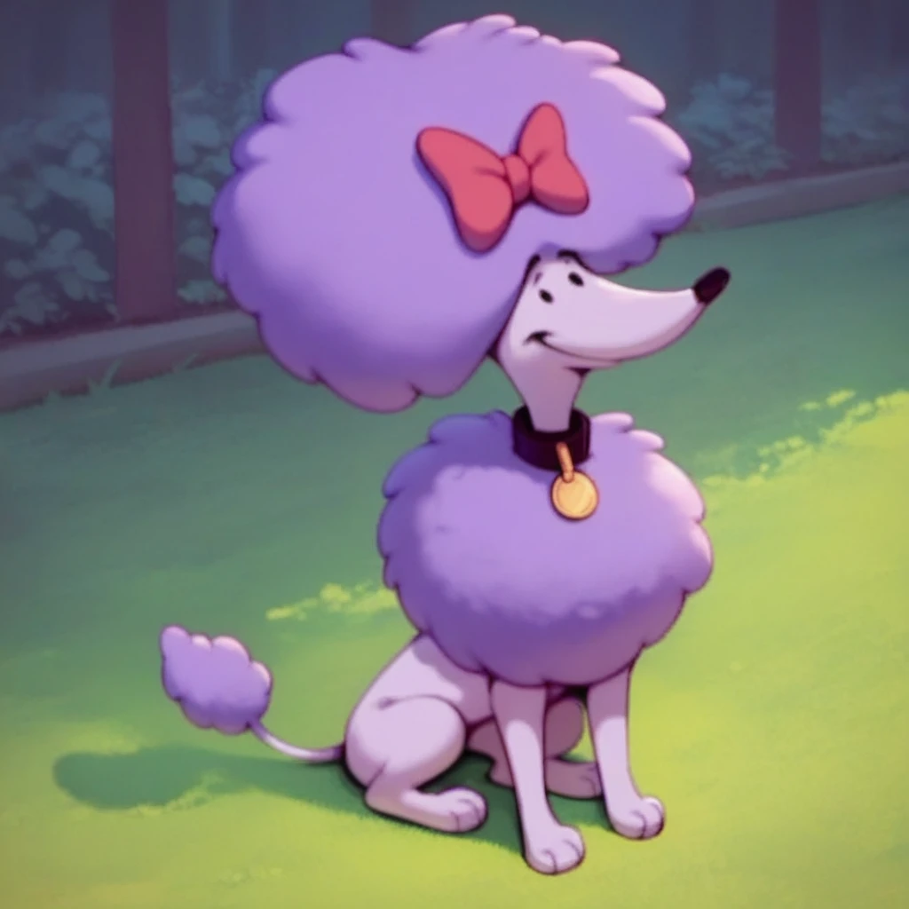 score_9, score_8_up, score_8, score_7, source_cartoon, cleo(cbrd), solo, 1girl, feral, dog, dog girl, poodle, purple fur, purple hair, purple chest fluff, thin tail, red hair bow, black collar, dot eyes, full body, looking at viewer, sitting, smiling, park setting,