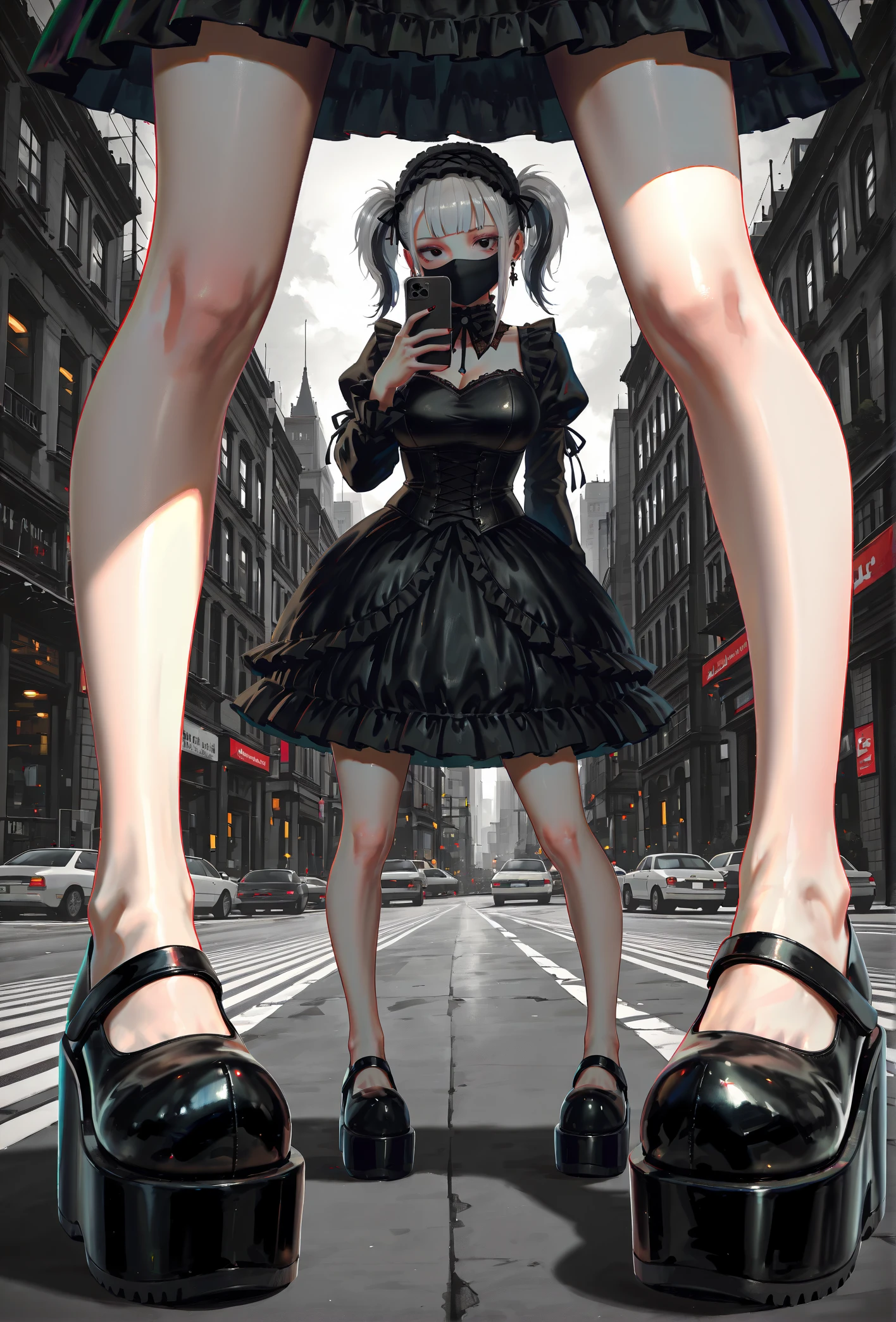 masterpiece, best quality, 
shimhaq, k-suwabe, realistic,
multiple views,
close-up of feet,
(pigeon-toed:1.1), three quarter view,
1girl, idol, goth,
(d0lly shoes), (platform footwear:1.1),
black dress,
large breasts, petite, 
black and white hair,
city street, 
pose, posing, contrapposto, v, holding phone, face mask, black eyes,