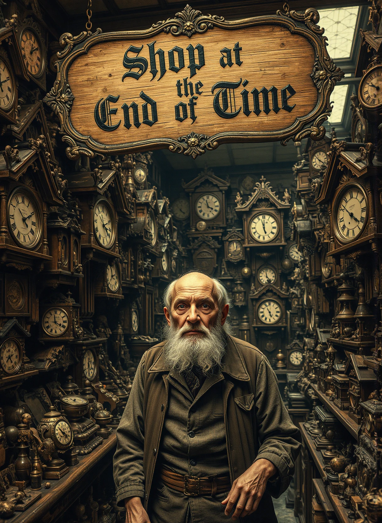 an old decrepid man in a store full of cuckoo clocks above his head is a sign saying "SHOP AT THE END OF TIME" on old german gothic lettering