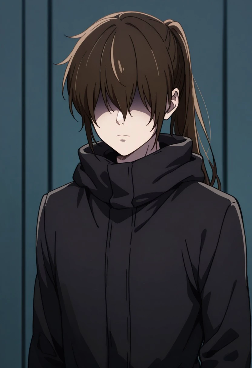 masterpiece, best quality, 
baamtg, 1boy, male focus, solo, hair over eyes, shaded face, brown hair, long hair, ponytail, hair between eyes, coat, black coat, hood, upper body
outdoor