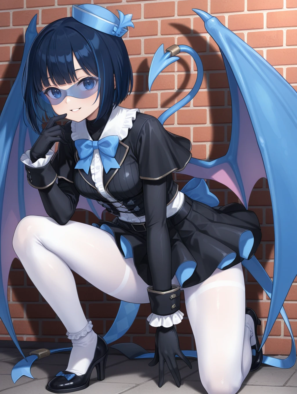 evil twin lil-la,phantom thief,1girl,solo,brick wall,searchlight,blue-tinted eyewear,looking at viewer,parted lips,black gloves,on one knee,full body,smile,white pantyhose,star \(symbol\),blue bowtie,white frilled shirt,blue demon tail,blue demon wings,black frilled skirt,black jacket,black high heel boots,blue mini hat,
masterpiece,best quality,amazing quality,very aesthetic,absurdres,newest,<lora:Evil Twin illuXL v1:0.7>,