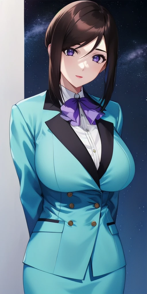 <lora:LinnaYamazakiV2:0.7> linna_yamazaki, huge_breasts, standing, solo, starry_sky, arms_behind_back, white_collared_shirt_purple_ascot_aqua_pencil_skirt_aqua_blazer, masterpiece, best_quality, detailed_face, detailed_eyes, highres, beautiful, detailed, absurdres,