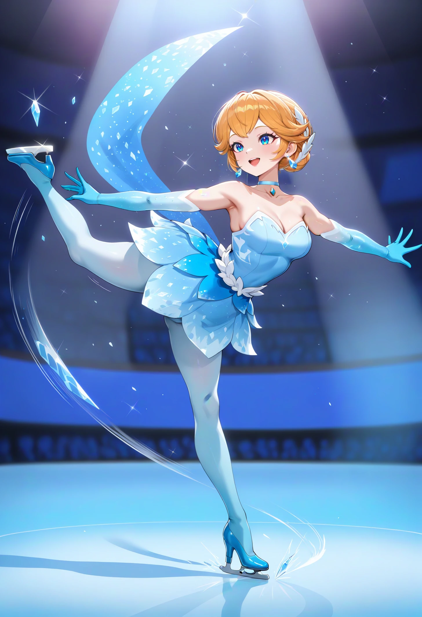 masterpiece, best quality, newest, absurdres, highres, 1girl, <lora:PrincessPeach_NoobAI_Incrs_v1-000012:1>, IncrsPchSkater, short hair, pantyhose, elbow gloves, bare shoulders, choker, ballerina, blue gloves, blue dress, ballet, blue choker, tutu, strapless dress, high heels, jewelry, earrings,
dynamic pose, happy, leg up, ice, skating, ice skates, stadium, spotlight, full body, motion lines, speed lines, outstretched arms,