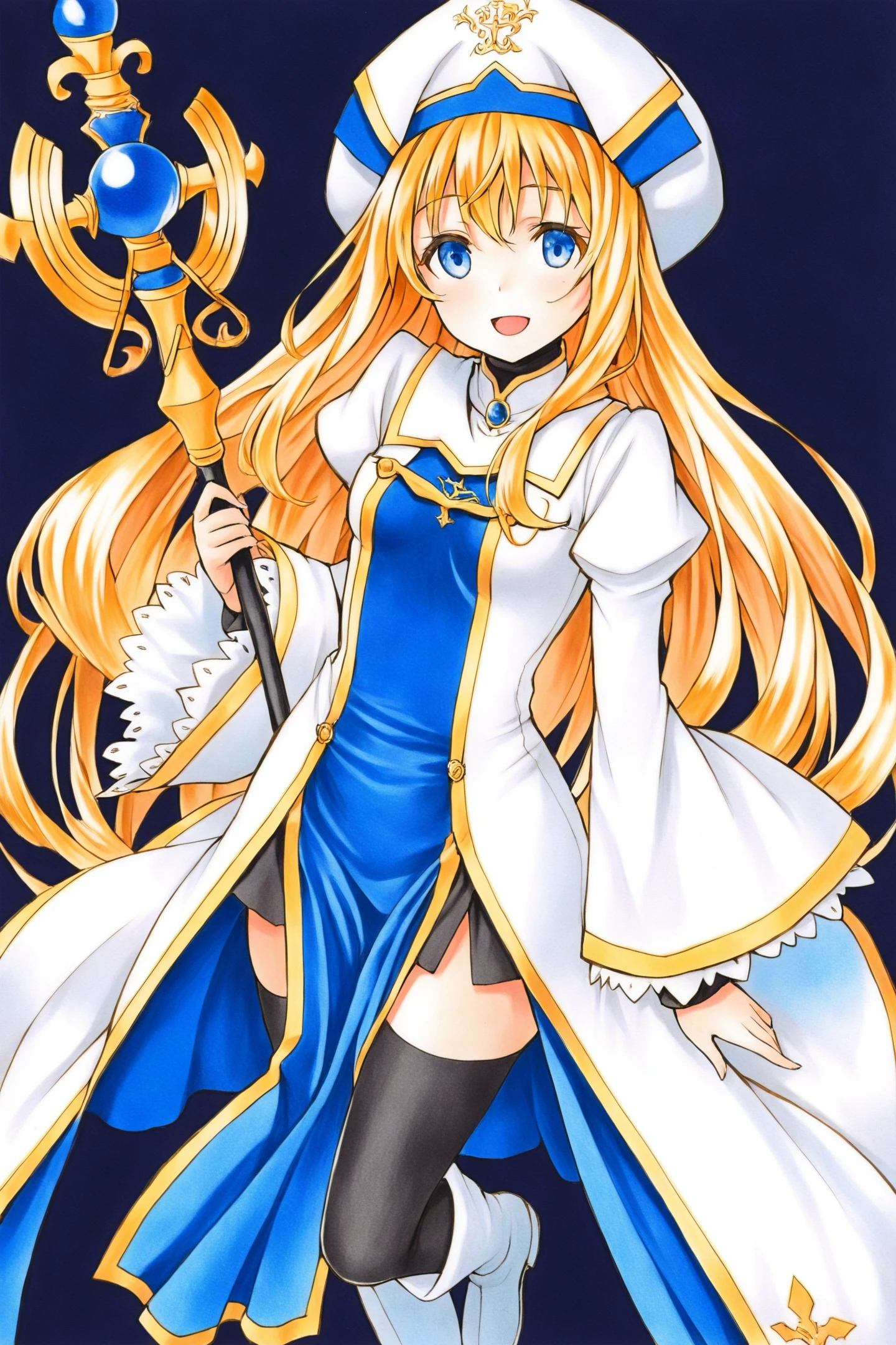 Priestess,1girl,solo,long hair,blue eyes,blonde hair,open mouth,holding,thighhighs,staff,smile,hat,white footwear,dress,white headwear,long sleeves,holding staff,simple background,wide sleeves,looking at viewer,:d,very long hair,small breasts,standing,traditional media,
<lora:Kannatsuki Noboru_illustriousXL:0.8>,