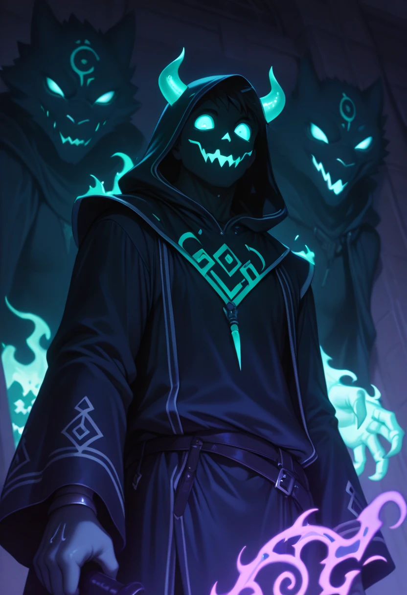 HDR, 8k, high contrast, masterpiece, best quality, amazing quality, very aesthetic, high resolution, ultra-detailed, absurdres, newest, scenery, (1boy, close up shot, upper body, wizard, wearing no shirt, muscular, glowing runes covering his body, facing the viewer, he is summoning multiple demons, multiple demons behind him also facing the camera, dark magic, demonic powers:1.2)