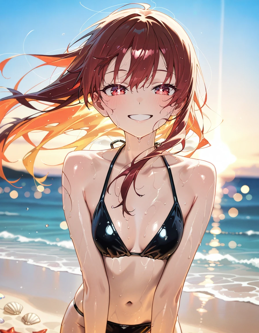 masterpiece, best quality, absurdres, 1girl, solo, bikini, long hair, wind blowing hair, smiling, looking at viewer, natural skin tone, slim waist, dynamic pose, soft lighting ,wet skin,
BREAK
beach, sand, sea, sky, sunlight, summer vibes, sparkling water, gentle waves, detailed water reflections, blurry background, bokeh, shells on sand, warm tones