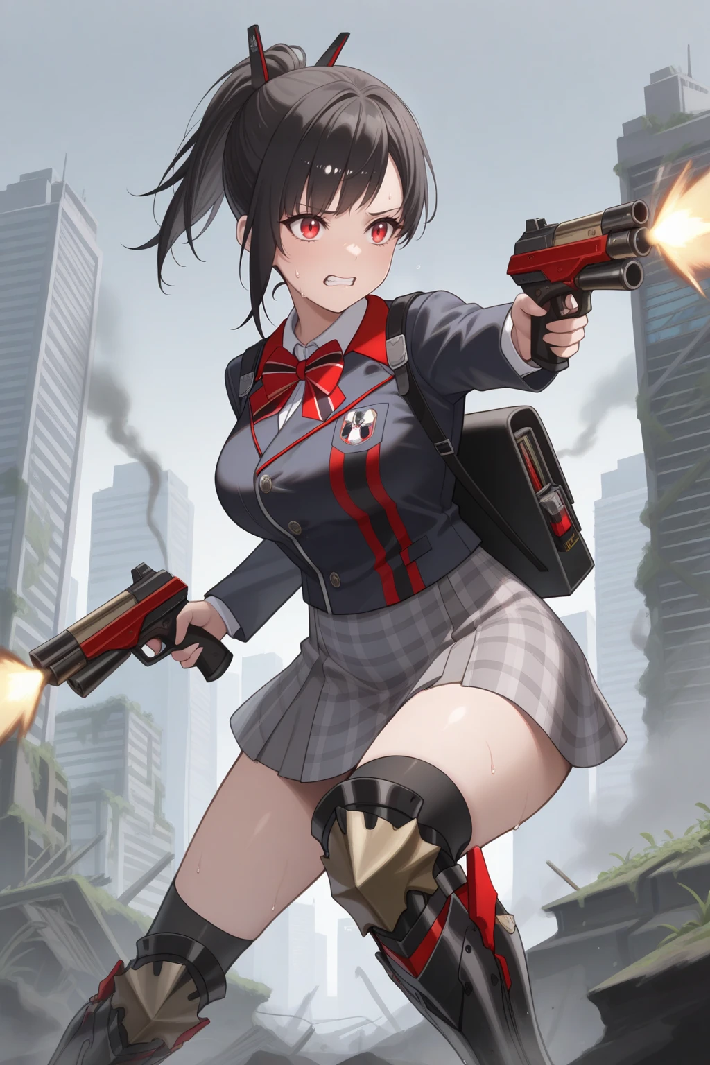 masterpiece, best quality, worried, clenched teeth, 1girl, zwei, large breasts, red eyes, black hair, medium hair, asymmetrical bangs, sidelocks, ponytail, hair ornament, red bowtie, striped bowtie, blue jacket, cropped jacket, white collared shirt, high-waist skirt, plaid skirt, grey skirt, knee boots, armored boots, backpack, sweat, holding gun, dual wielding, dynamic pose, aiming, firing, muzzle flash, outdoors, city, post-apocalypse, overgrown, skyscraper, smoke, <lora:Hoseki_Nikke_Zwei_IllustriousXL_v1:1>