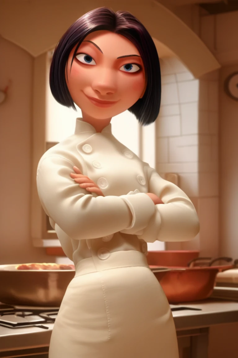 score_9, score_8_up, score_7_up, 1girl, solo, c0lett3MT, black hair, short hair, bob cut, blue eyes, chef, buttons, looking at viewer, smile, crossed arms, cowboy shot, indoors, high quality, high detail, perfect face