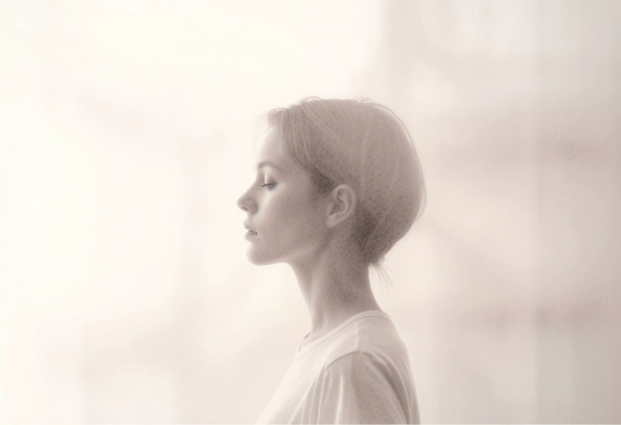 an aesthetic, minimalist depiction of a female profile in side view. she wears a t-shirt. The focus is on the soft contours and calm, monochromatic tones. The scene feels mystical and dreamy, almost as if viewed through a delicate mist, with gentle light accentuating the silhouette. The background is diffuse and creamy white, drawing attention to the elegant simplicity of the figure.