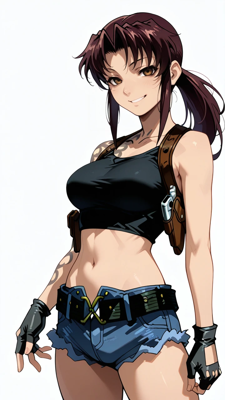 HDR,8K,high contrast,masterpiece,best quality,amazing quality,superabsurd res,high resolution,ultra-detailed,absurdres,newest,revy,smile,1girl,(black lagoon),gloves,fingerless gloves,shorts,solo,tattoo,crop top,navel,denim shorts,midriff,ponytail,denim,tank top,brown hair,breasts,belt,black gloves,long hair,shoulder tattoo,shoulder holster,white background,brown eyes,holster,medium breasts,cowboy shot,looking at viewer,<lora:revy_illustrious_0007:1>,