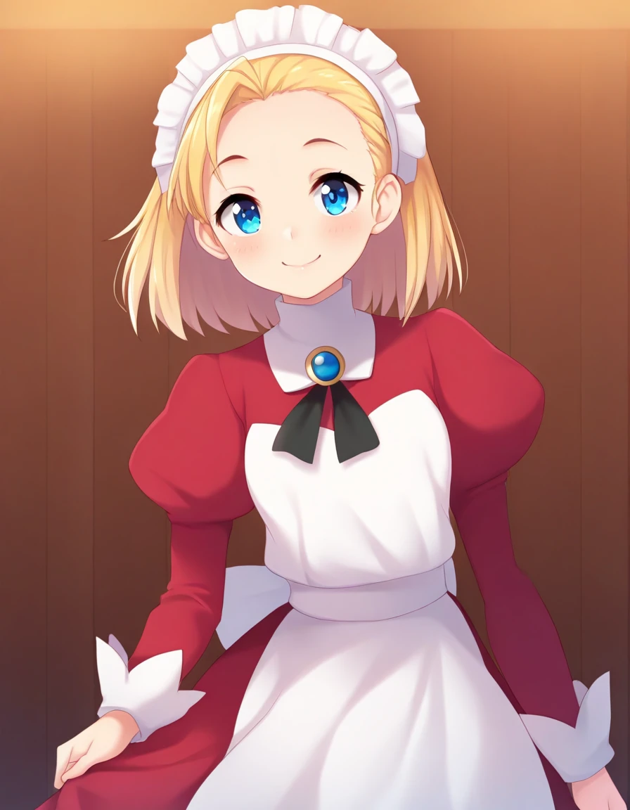 <lora:Pkikimora_SDXL_Illustrious01_fp16_ver02:1>,Pkikimora, 1girl, blue eyes, blonde hair, maid headdress, apron,P4dress,long sleeves,,brooch,smile,cowboy shot,, masterpiece, best quality, very aesthetic, absurdres,<lora:detailed_hands:1>,hand