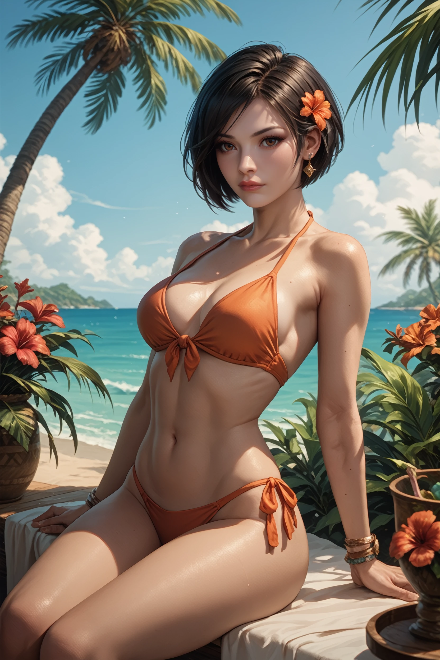 score_9, score_8_up, score_7_up, score_6_up
<lora:RE2Ada:0.8>
RE2Ada, 1girl, black hair, short hair, brown eyes, on a tropical island, bikini, palm trees, ocean, sitting