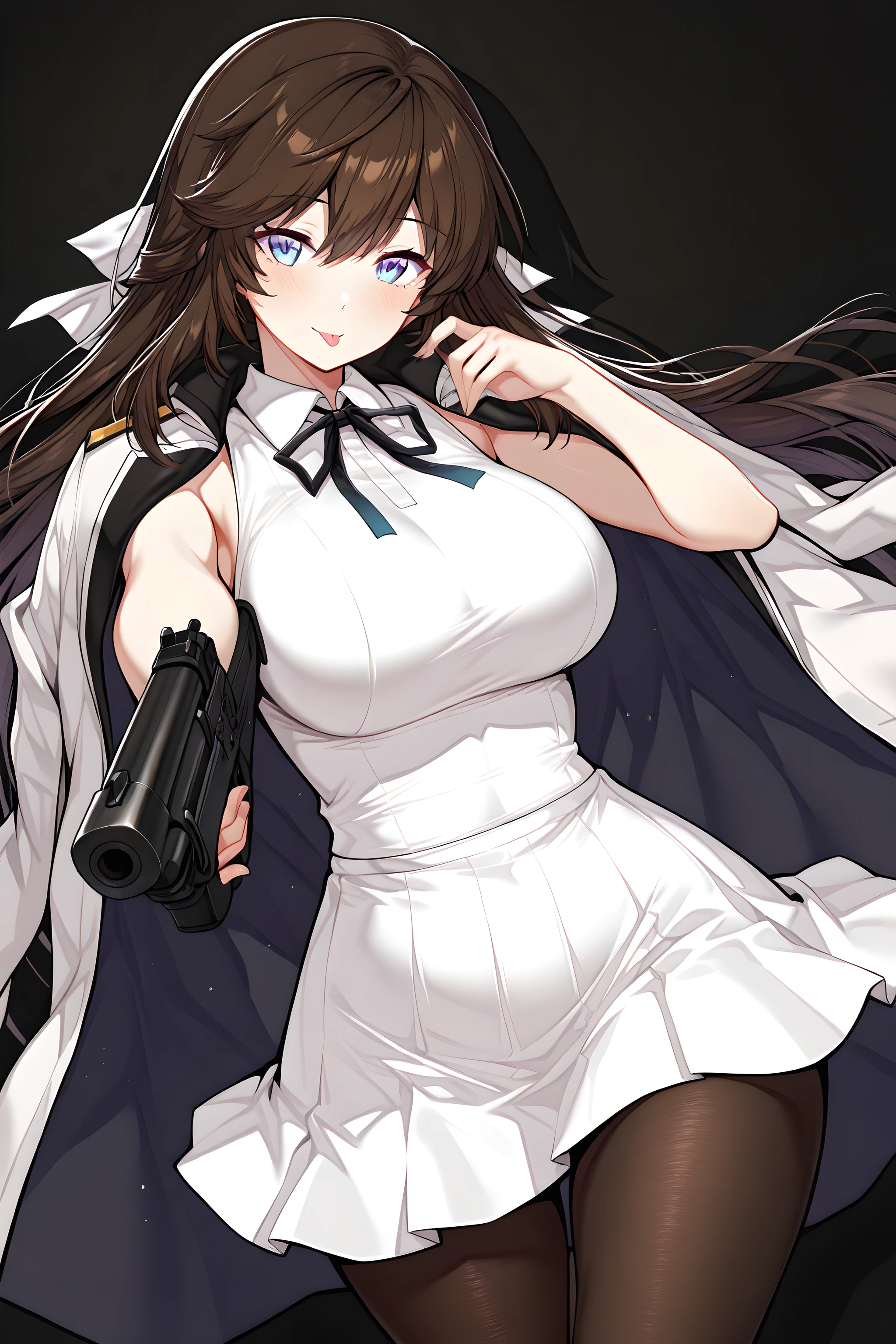 shin jia, 1girl, solo, long hair, brown hair, blue eyes, breasts, jacket on shoulders, holding black rifle, aiming at viewer, both hand holding rifle, looking at viewer, ribbon, cute smile, tongue out, jacket, black background, hair between eyes, shirt, large breasts, neck ribbon, sleeveless, parted lips, cowboy shot, white jacket, white skirt, black pantyhose, bangs, white shirt, normalform<lora:ShinJiav1.5IllustXL:1>, (masterpiece),(best quality),(ultra-detailed),(best illustration),(best shadow),(absurdres),(detailed background),(very aesthetic),