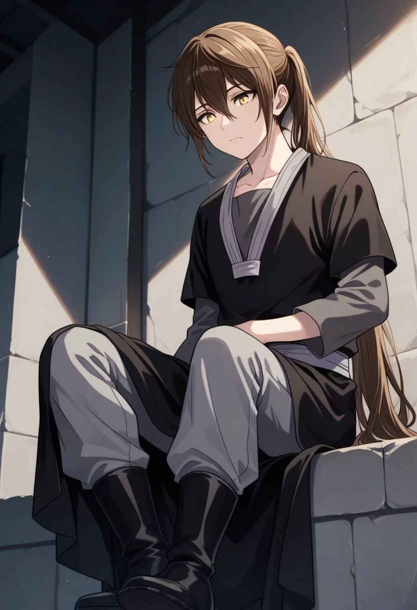 masterpiece, best quality, 
baamtg, 1boy, male focus, solo, yellow eyes, brown hair, very long hair, hair between eyes, shirt, grey shirt, long sleeves, robe, black robe, short over long sleeves, sash, pants, grey pants, boots, black footwear
outdoor