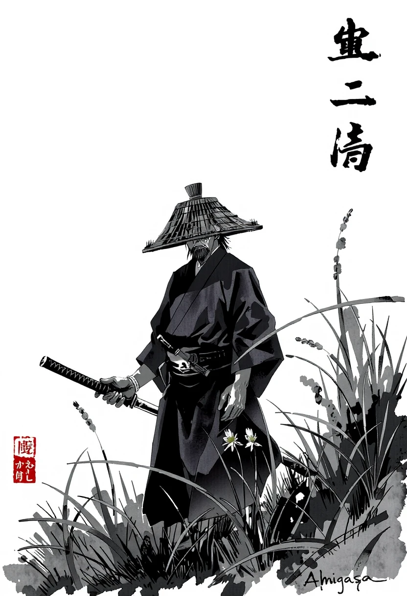 1man, standing on the grassland, the wind is blowing, lora:mystic-sumi_v40:1.5>, ink and brushstroke dismrt style,<lora:amigasa:0.9>,amigasa,holding katana,portrait,, look at viewer,fighiting pose,