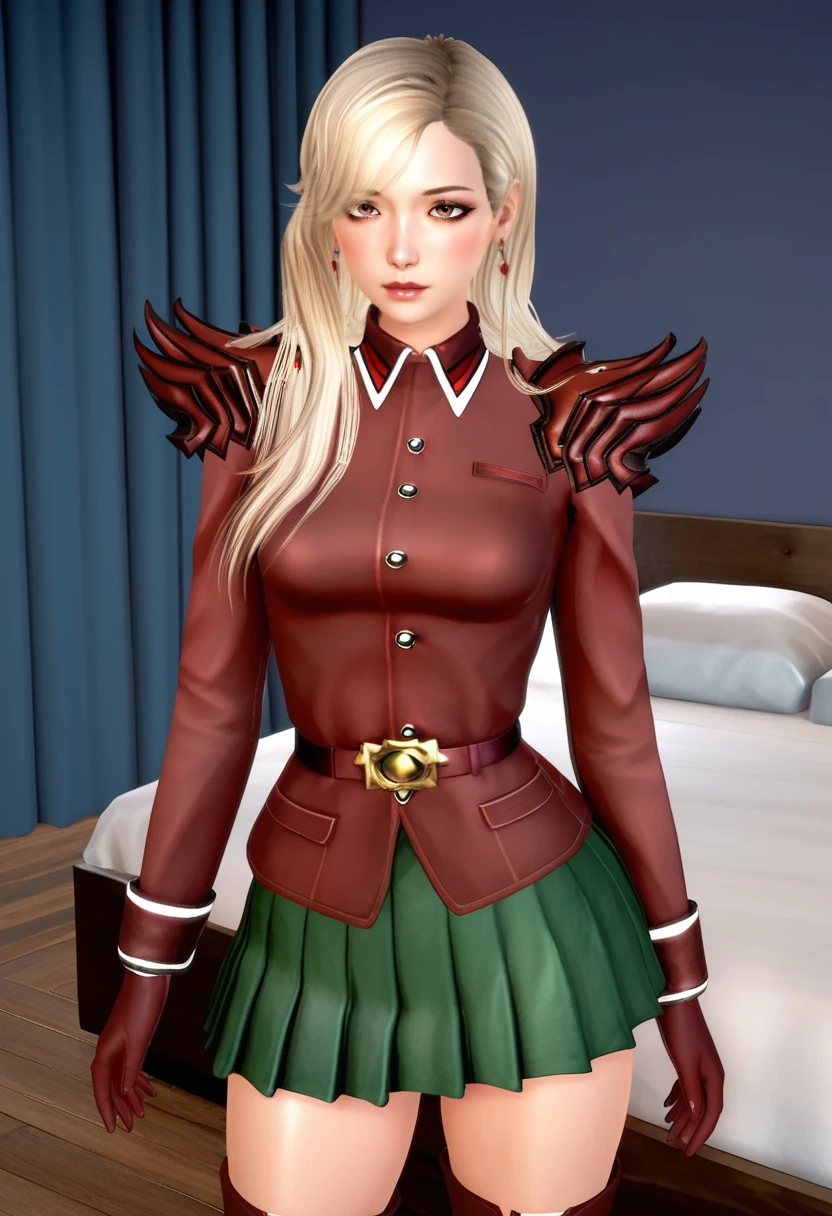 (a photo of KumiMM:1.2), in the style of Mythic Manor, 3d, cgi, blonde hair, long hair, bronze eyes, jewelry, earrings, makeup, lipstick, medium breasts, KumiWork outfit, shoulder armor, military uniform, gloves, thigh boots, dark green skirt under jacket, long jacket, untucked, score_9, score_8_up, score_7_up, an 8k image of a girl standing (in her bedroom:1.2), (skindentation:1.2), natural lighting, 8k, insane details, detailed face, zPDXL3, <segment:face,0.5,0.6//cid=1>