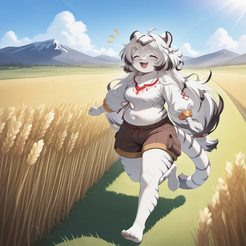 <lora:Hannah_Mahjong_Soul_Illustrious:1>, hannah (mahjong soul), hannah, kemono, furry, anthro, main outfit, white top, brown shorts, cargo shorts, chubby,
1girl, happy,  shout, multicolored hair, striped hair, kigurumi,
field, grass, blue sky, clouds, wheat, mountains in background, running, arms in air,  far away, zoomed out, wide shot
masterpiece, best quality, newest, absurdres, highres, clothed, (small breasts|medium breasts), sfw, sunlight, cinematic lighting, warm lighting, soft shadows, pastel colors, bare feet