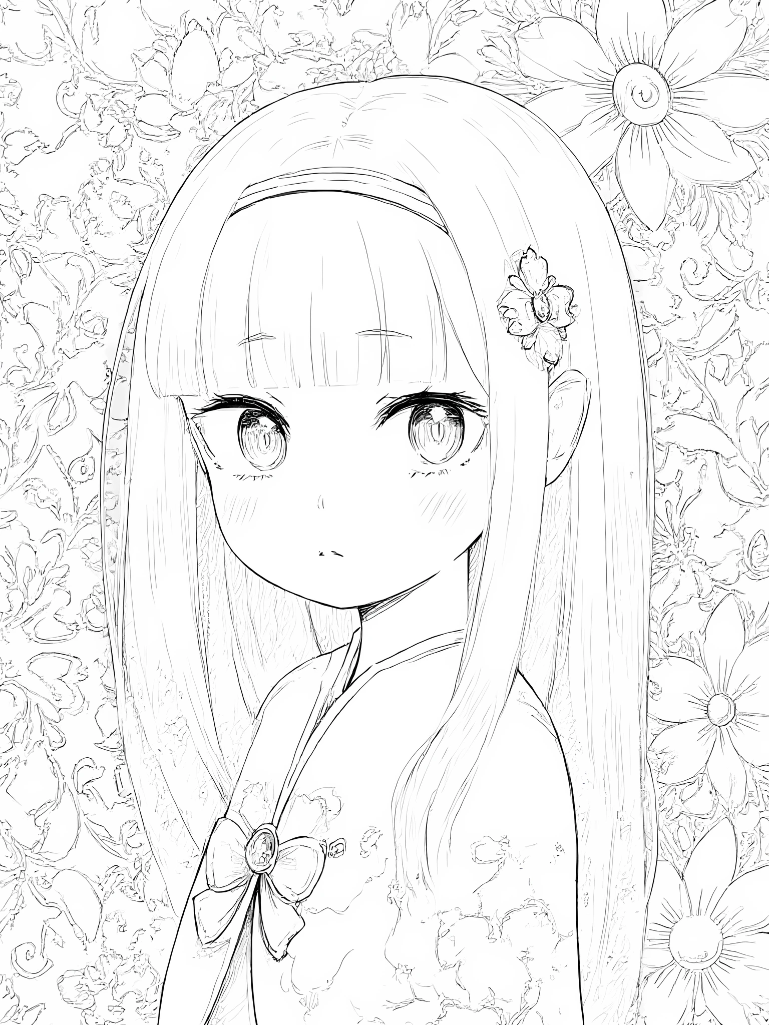 kodomoEmiliaFlux, <lora:kodomoEmiliaFlux:1>, line art illustration of young Emilia, surrounded by intricate floral and icy patterns, black and white manga panel style.