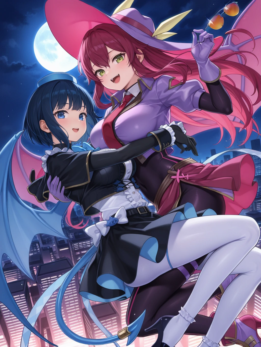 phantom thief, official style, 2girls, purple demon wings, open mouth, looking at viewer, moon, hug, night sky, large breasts, smile, cityscape, sidelocks, blue demon wings, evil twin ki-sikil, red necktie, purple skirt, purple large hat, purple gloves, purple cropped jacket, holding eyewear, black bodystocking, purple high heel boots, flying, evil twin lil-la, blue bowtie, white frilled shirt, black frilled skirt, black jacket, blue mini hat, white pantyhose, black high heel boots, black gloves
masterpiece,best quality,amazing quality,very aesthetic,absurdres,newest,<lora:Evil Twin illuXL v1:0.7>,