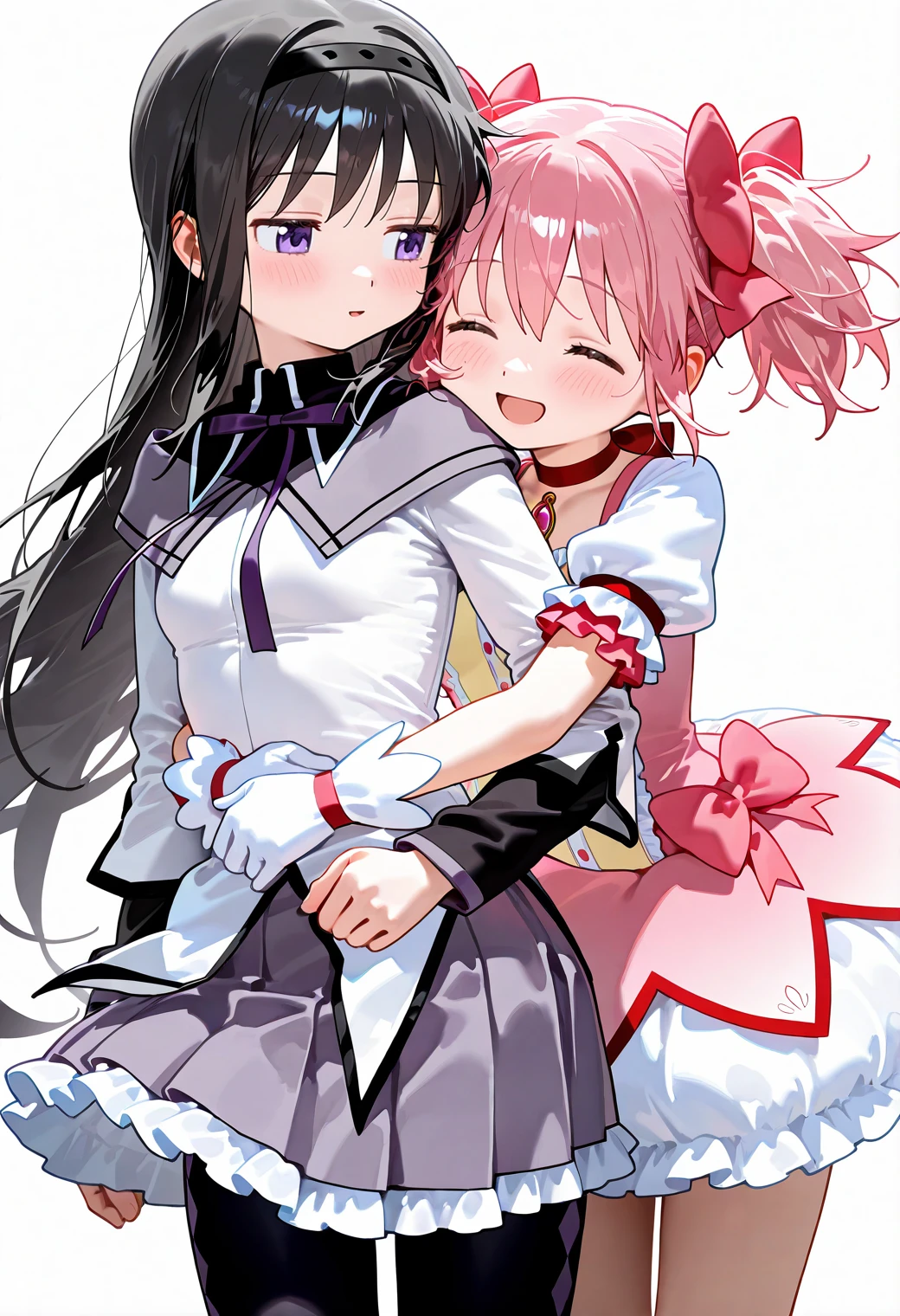 masterpiece, best quality, absurdres, highres, newest, general,
2girls, mahou shoujo madoka magica, 
kaname madoka, pink hair, short twintalils, small breasts, smile, open mouth, blush, magical girl, pink dress, puffy short sleeves, frilled skirt, 
akemi homura, black hair, long hair, small breasts, smile, blush, magical girl, long sleeves, frilled skirt, pleated skirt, hug from behind, 
simple background, 
<lora:nyalia:0.15>, <lora:dj_sloppa_ill_v2:0.3>,